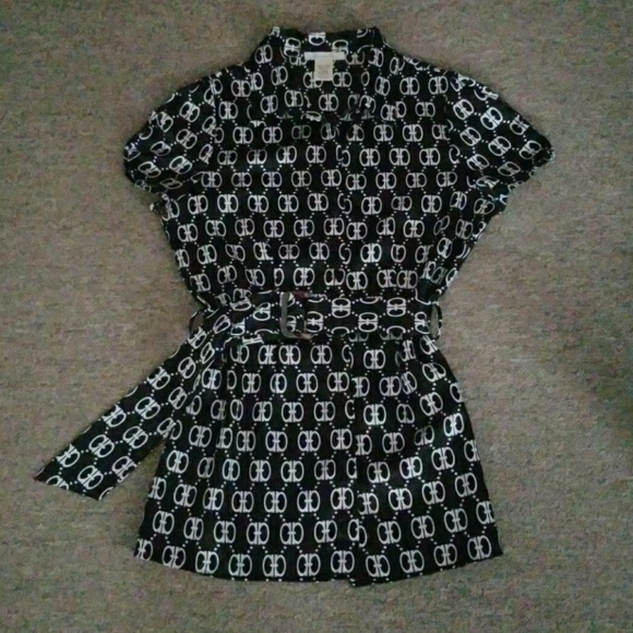 Black & white button up dress shirt w/belt - Picture 2 of 5